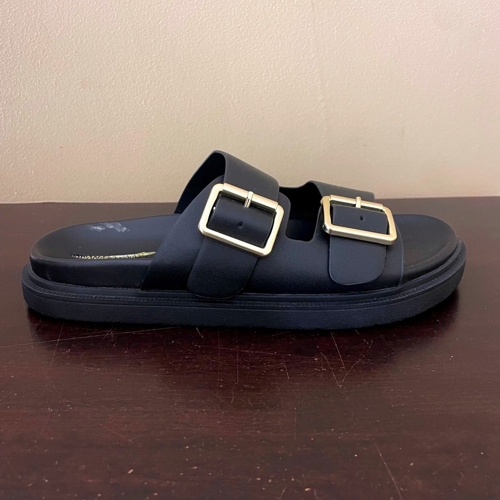 Banana Republic Womens Black Double Buckle Slide Sandals Gold Hardware Size 8 - Picture 3 of 9